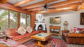 Smart TV, fireplace, books