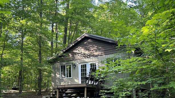 A cabin with a wooden deck, surrounded by trees and a forested area. - Waterfront Cottage for Rent in Parry Sound Region 
 (Pointe au Baril)