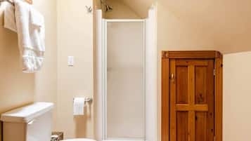 Shower, hair dryer, soap, toilet paper