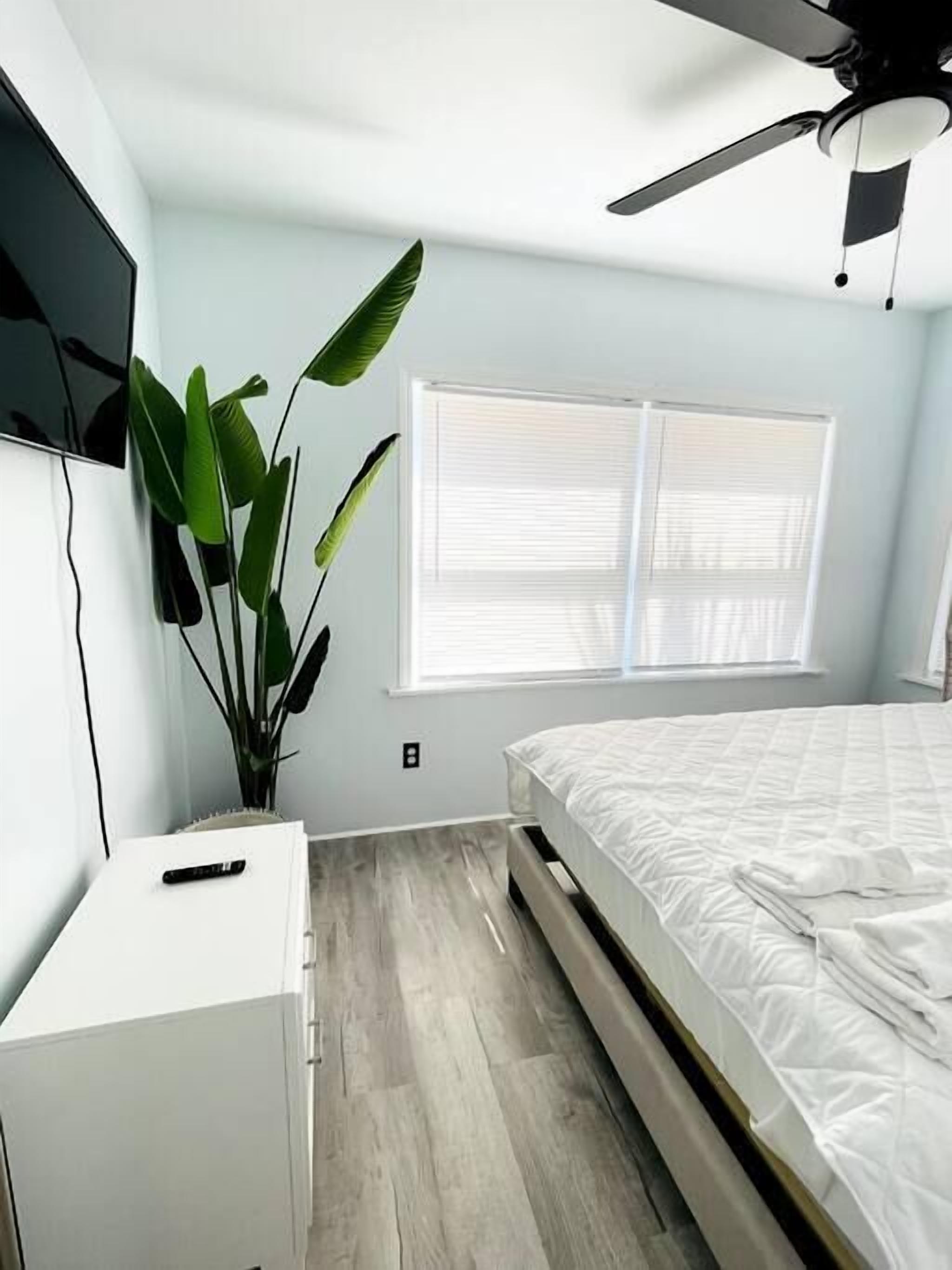 Ein Schlafzimmer mit einem Bett, einem Deckenventilator, einem Fenster mit Jalousien und einer Pflanze.