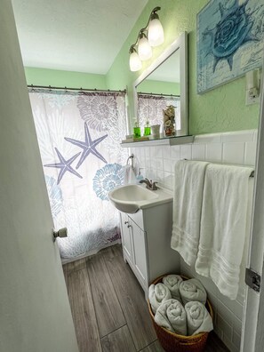 Hair dryer, towels, soap, toilet paper