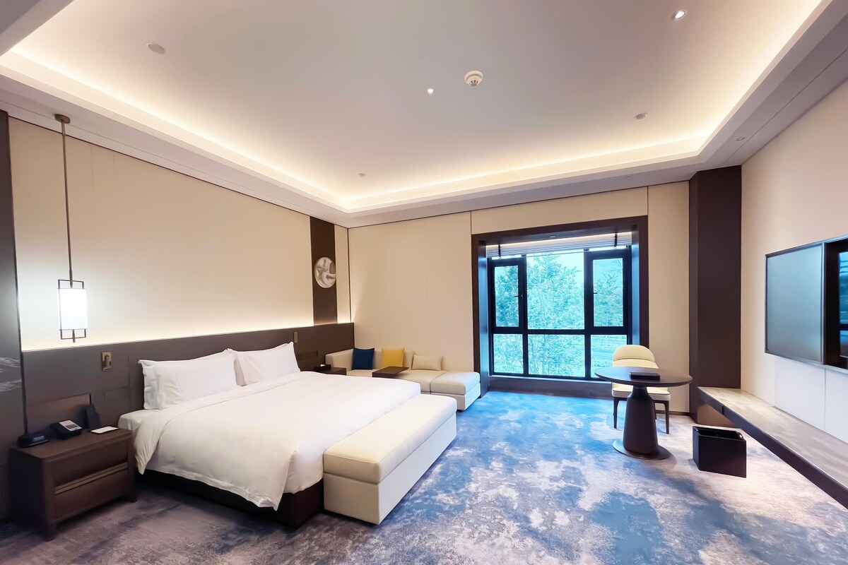 A modern hotel room with a large bed, bedside tables, a seating area, a TV, and a large window with a view.