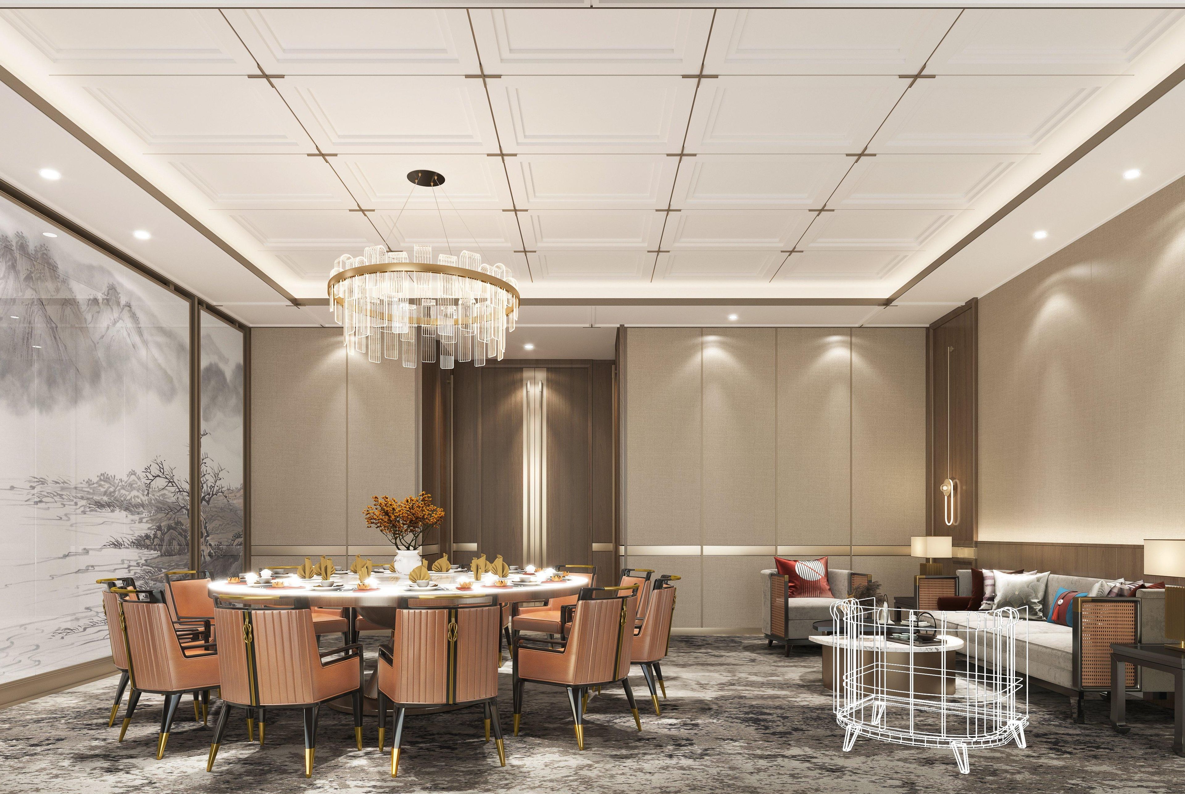Una sala da pranzo moderna con un tavolo rotondo, sedie, un lampadario e un divano.