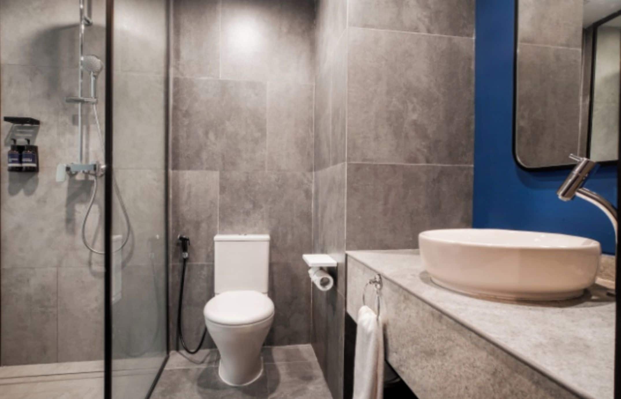 A modern bathroom with a glass-enclosed shower, a toilet, and a sink with a mirror above it.