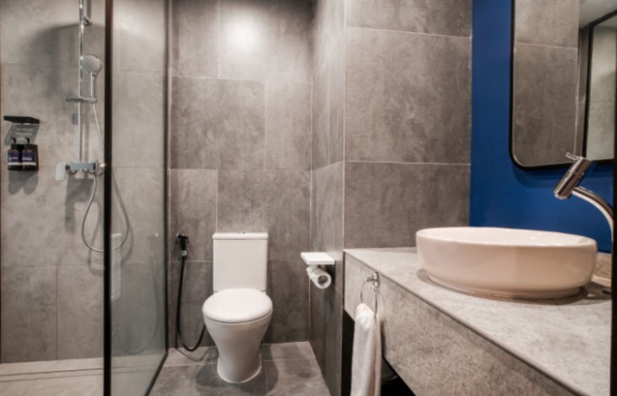 Ein modernes Badezimmer mit einer Glaskabine zur Dusche, Toilette und Waschbecken mit Spiegel darüber.
