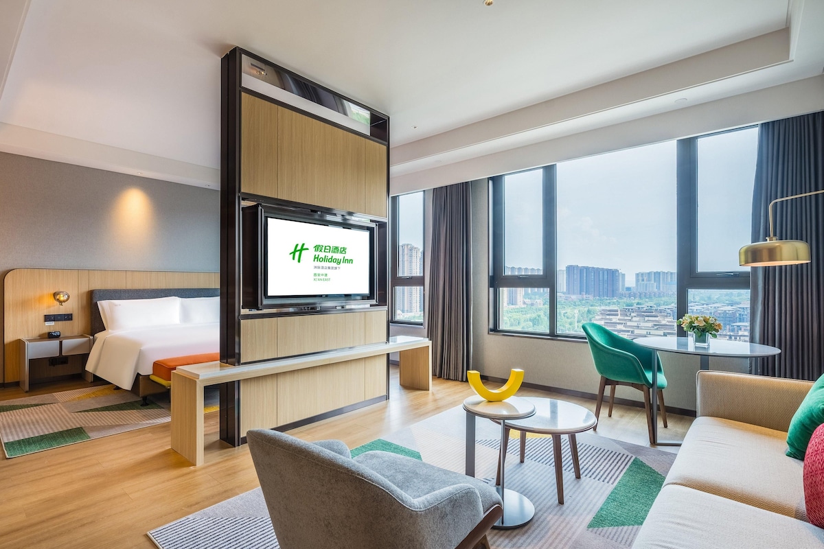 A hotel room with a bed, a TV mounted on a wooden panel, a sofa, a coffee table, and a view of the city through large windows.