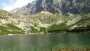 Paisaje montañoso con un lago cristalino, terreno rocoso y vegetación verde.