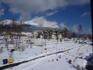 A snow-covered landscape with a large building featuring multiple windows and a prominent entrance.