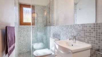 Een badkamer met een douchecabine van glas, een toilet en een wastafel.