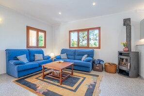 A living room with two blue sofas, a wooden coffee table, a fireplace, and large windows.