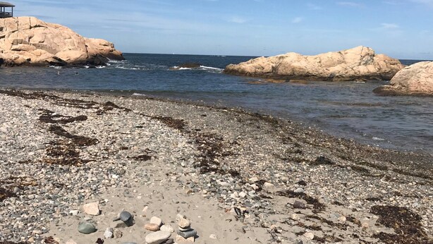 A rocky beach with large boulders and a small structure on the left.