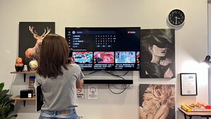 A person standing in front of a television displaying YouTube content, with a deer head sculpture and a clock on the wall.