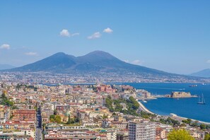 A coastal cityscape with a prominent mountain in the background, a harbor with boats, and a mix of residential and commercial buildings. - Quite Shelter in Naples (Naples)