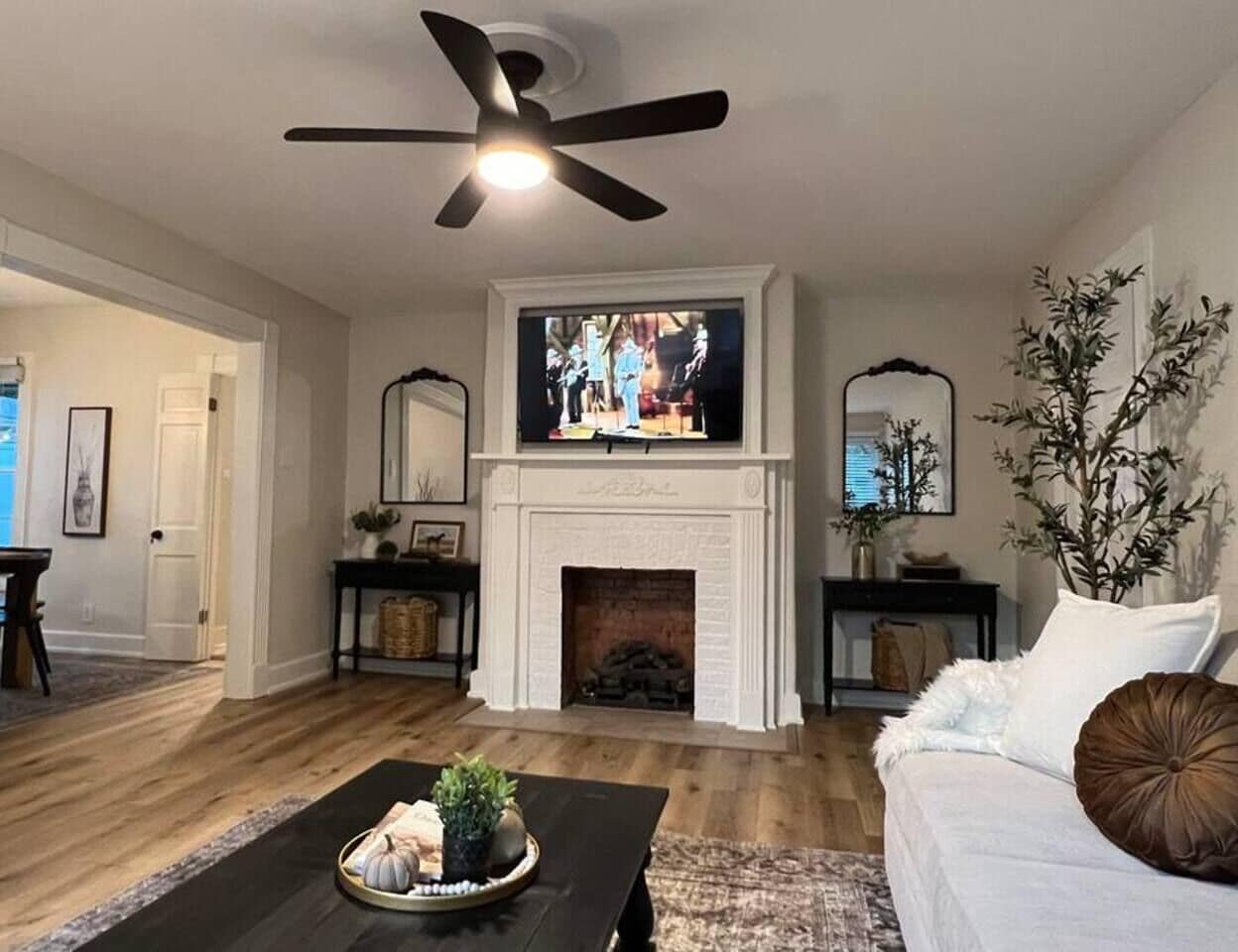 Smart TV, chimenea, libros y biblioteca musical 