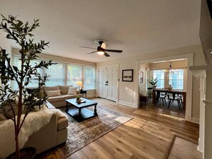 Smart TV, fireplace, books, music library