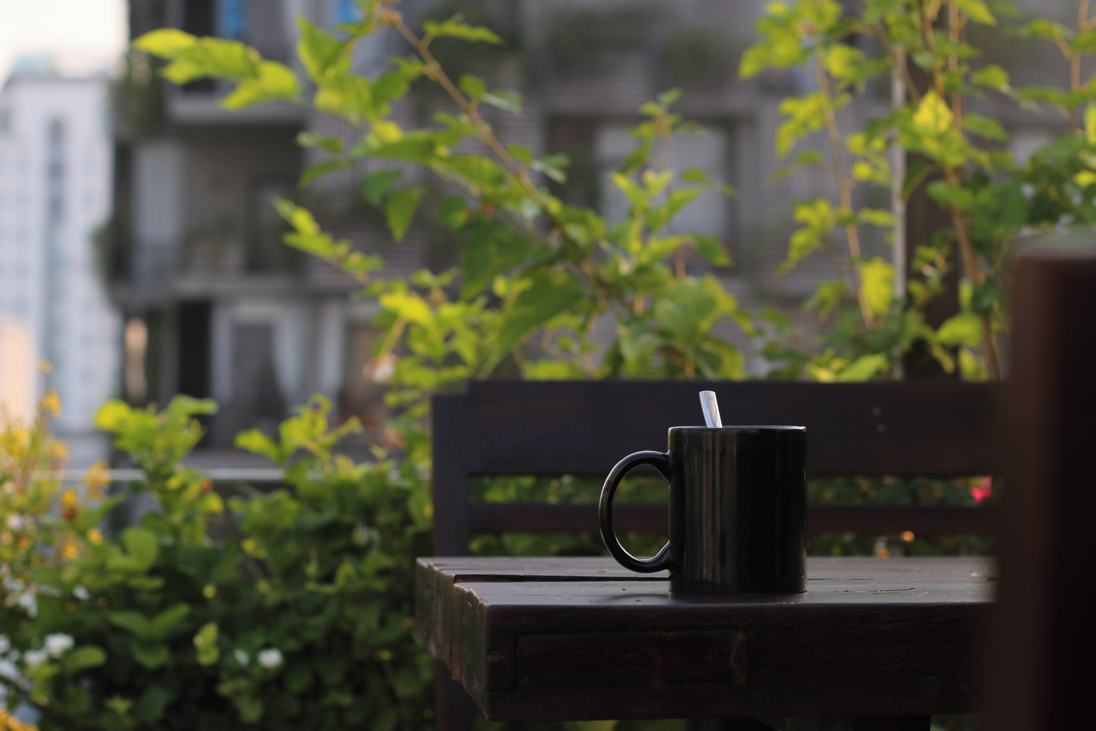 Una taza negra sobre una mesa de madera, con un fondo desenfocado de vegetación y un edificio.