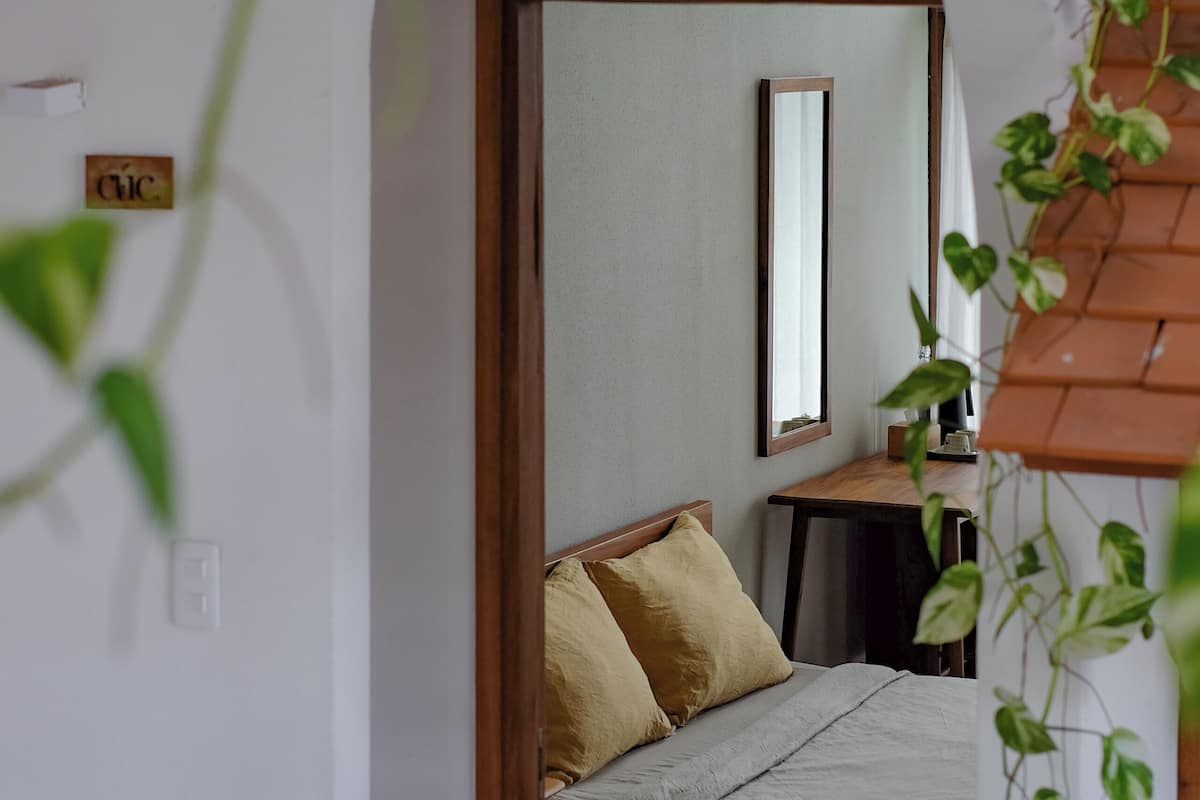 A bedroom with a bed, a bedside table, a mirror, and a small plant.