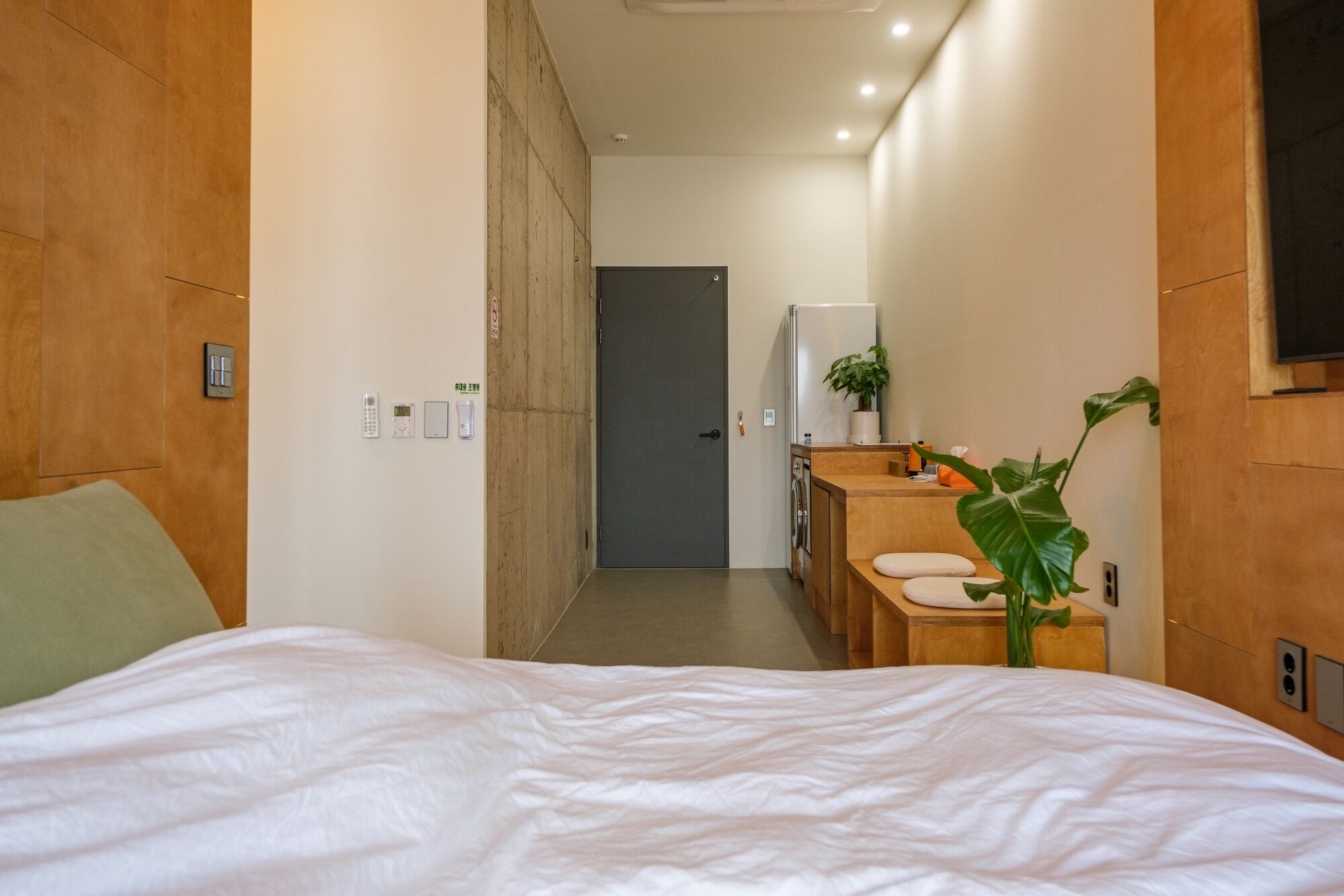 A modern hotel room with a bed, a wooden wardrobe, a bathroom with a sink and mirror, and a small plant.