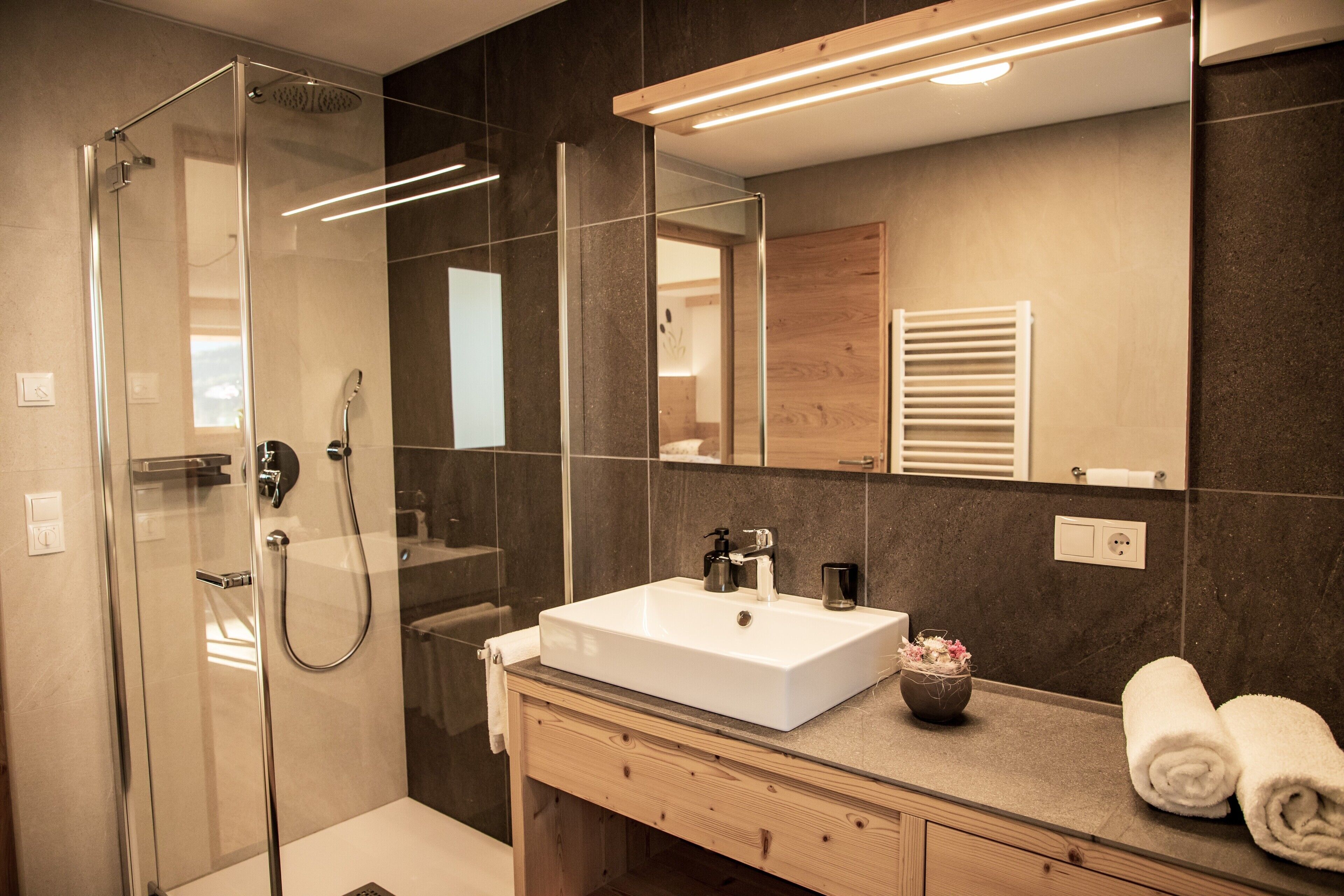 Shower, hair dryer, towels
