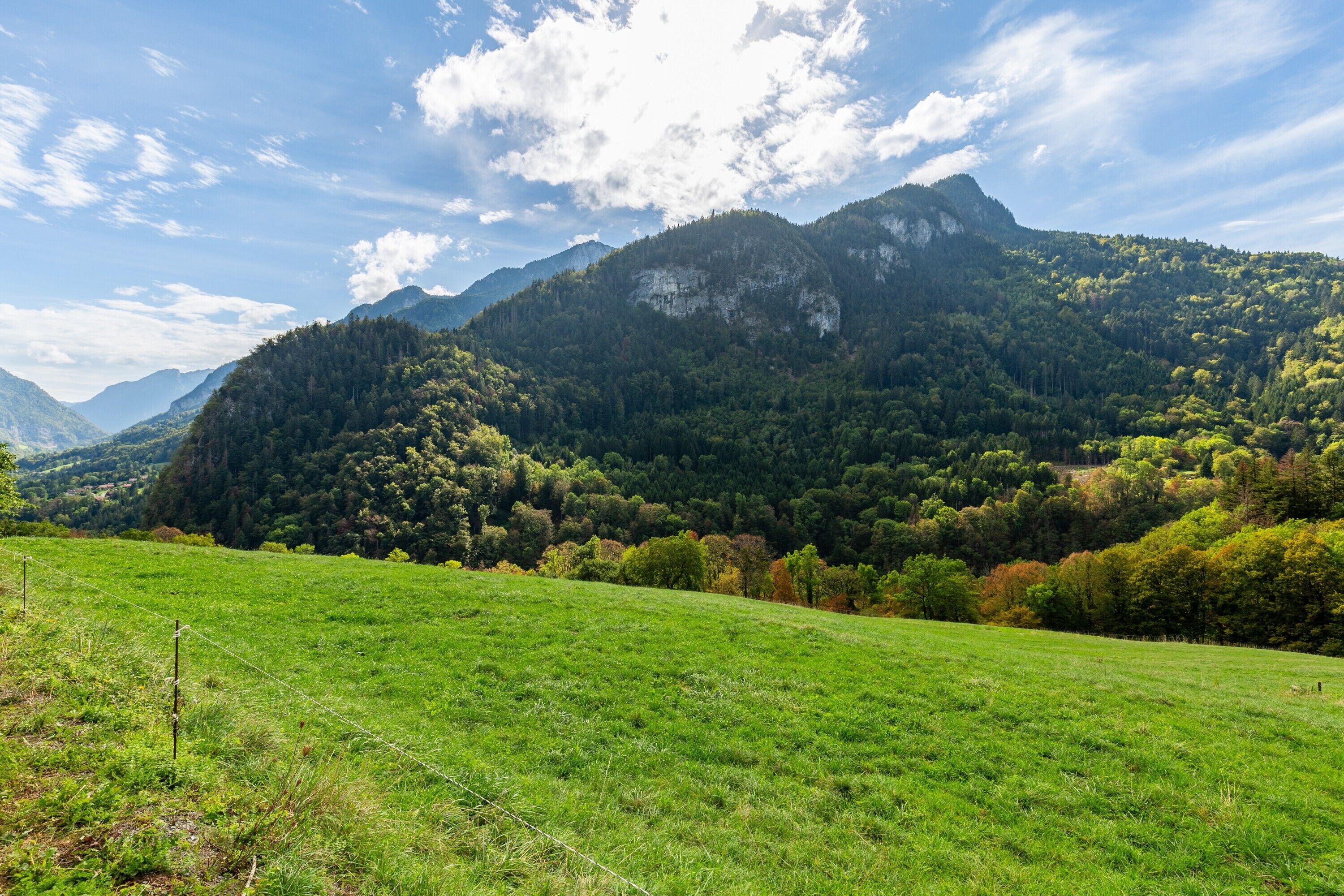 Een bergachtig landschap met een groen veld op de voorgrond.