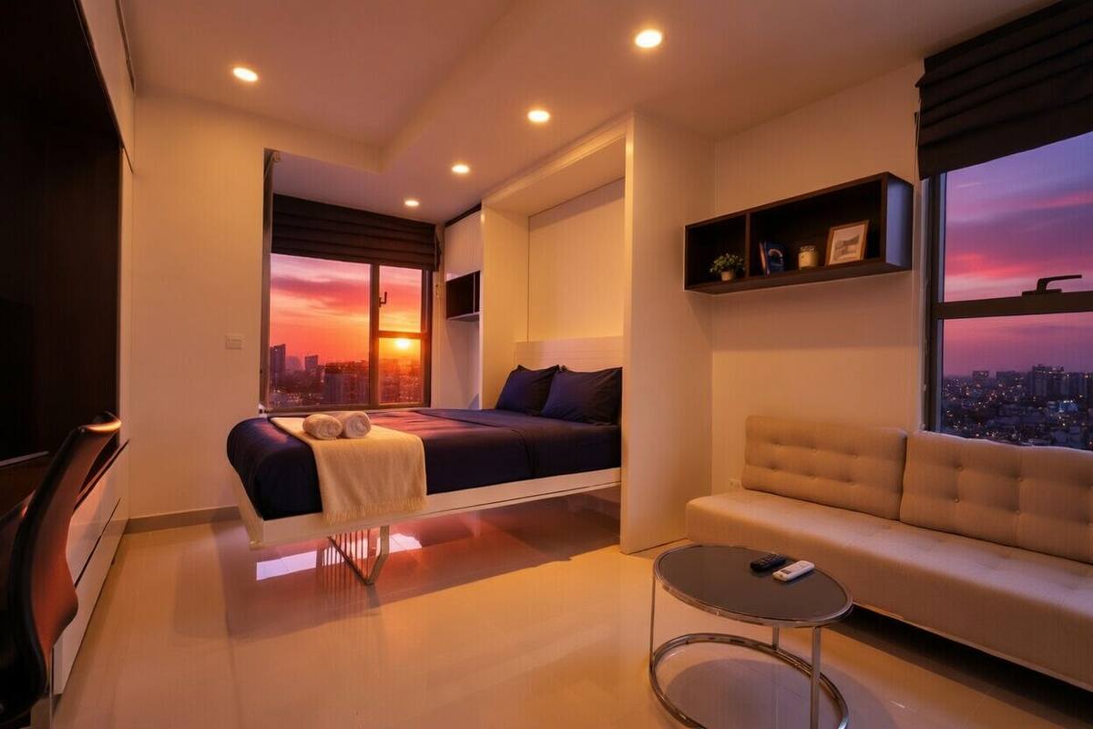 A modern hotel room with a bed, sofa, and a city view.
