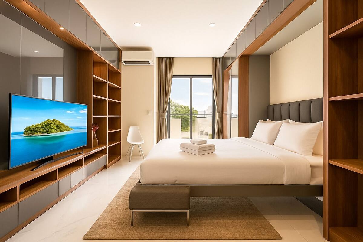 A modern hotel room with a large bed, a flat-screen TV, built-in shelving, and a view of the outdoors.