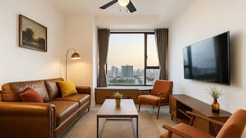 50-inch flat-screen TV with cable channels, Netflix, streaming services