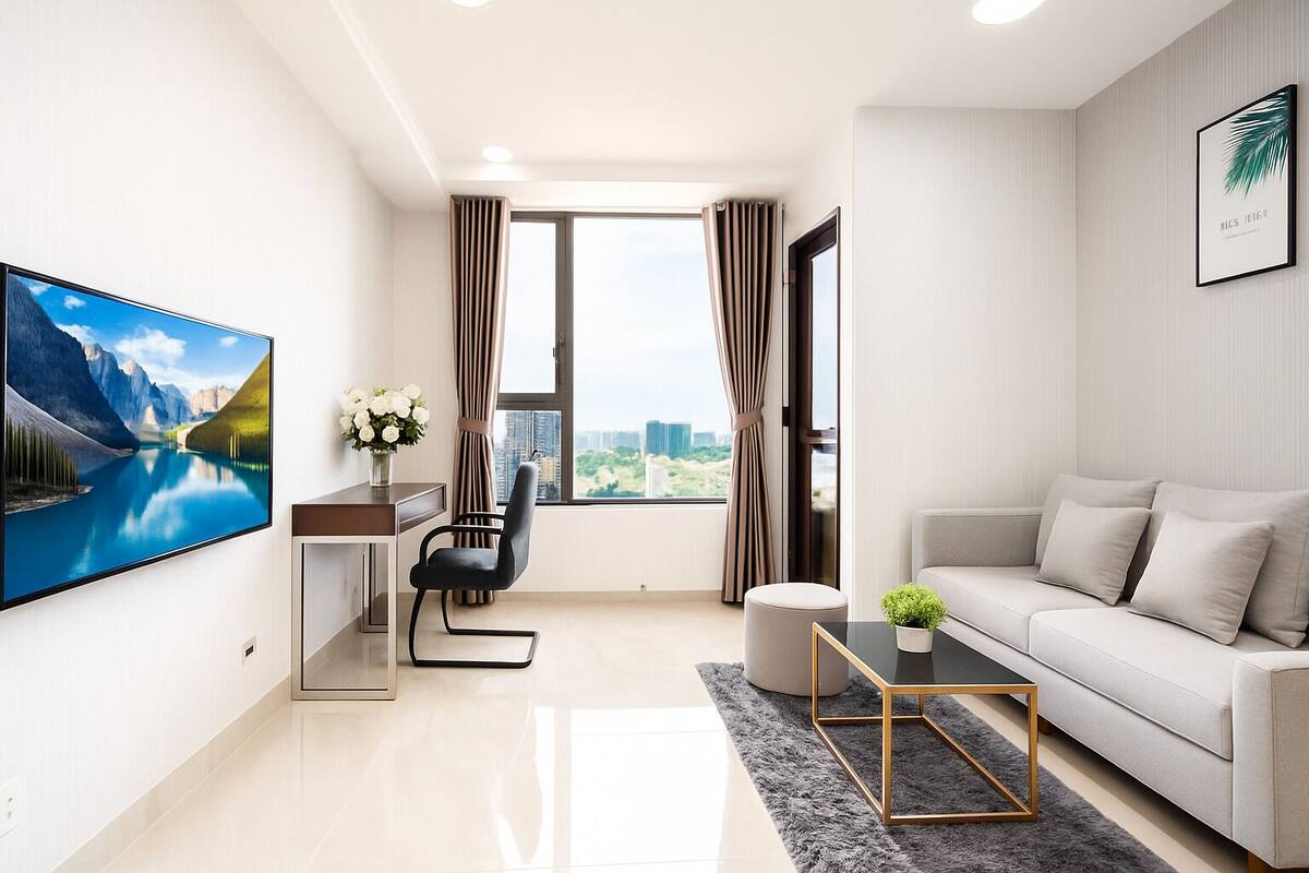 A modern living room with a large flat-screen TV, a sofa, a coffee table, and a desk with a chair.