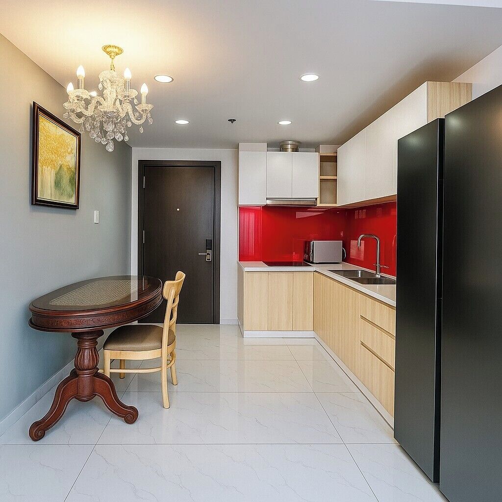 Una cocina moderna con comedor, que incluye una araña, una mesa de comedor con sillas y un refrigerador.