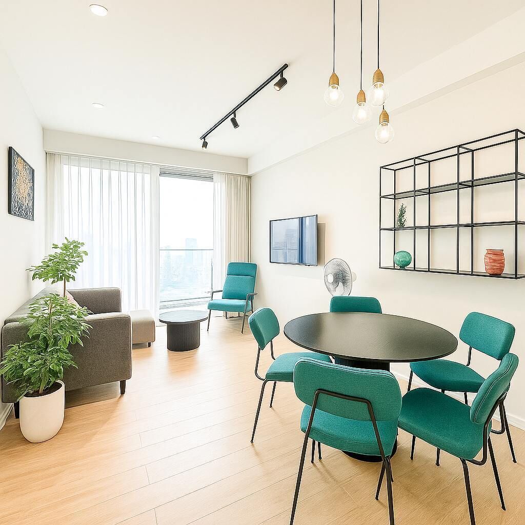 Una sala moderna con una mesa redonda y sillas color turquesa, un sofá gris, una planta en maceta y vistas de la ciudad a través de ventanas amplias.