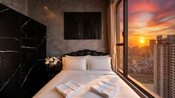Individually decorated, desk, laptop workspace, blackout drapes