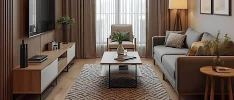 Luxury Apartment | Living area | 50-inch flat-screen TV with cable channels, Netflix, streaming services