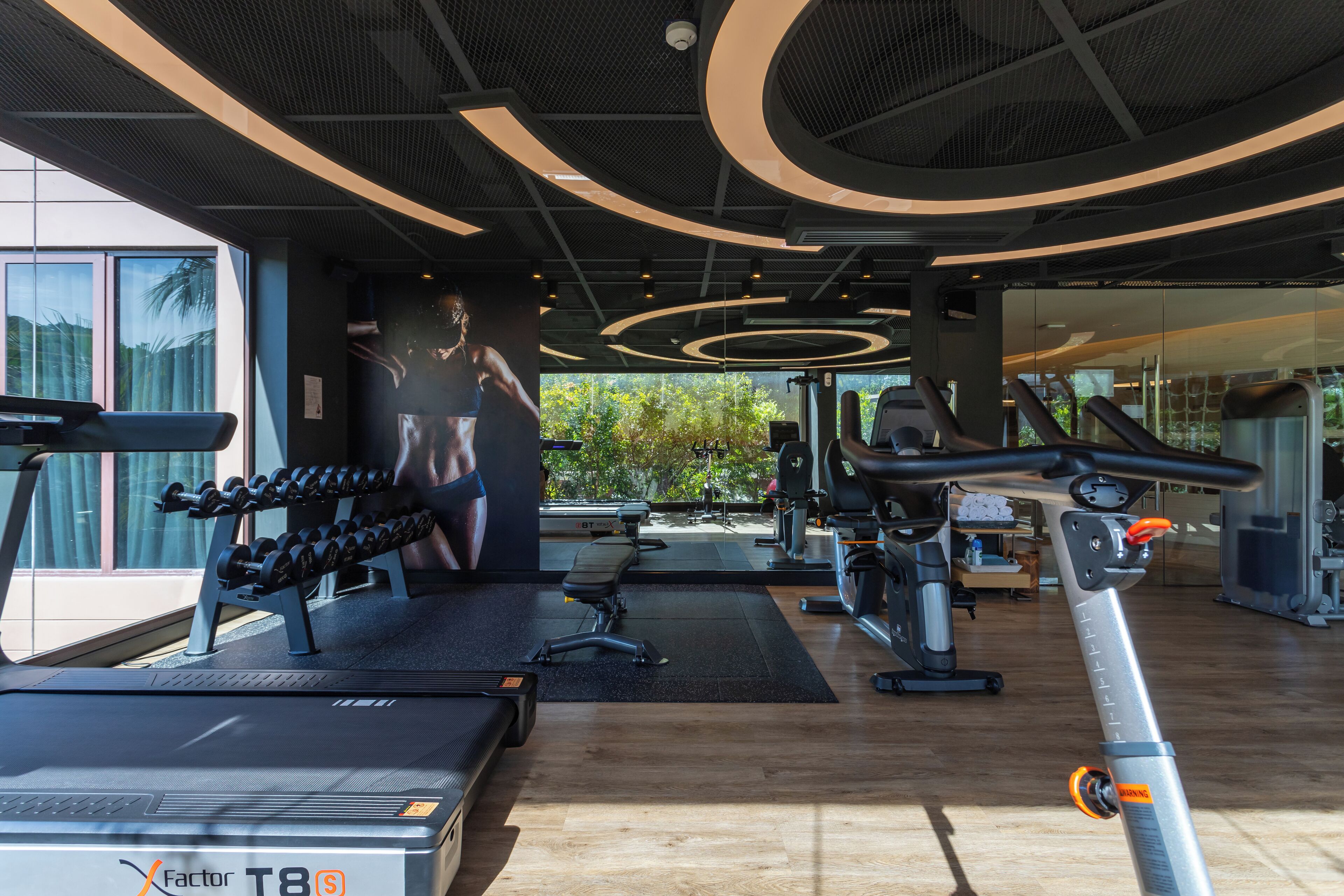 A modern gym with treadmills, dumbbells, and exercise equipment.