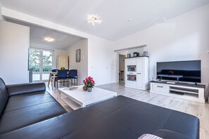 Tv, dvd-spelare, böcker och ett musikbibliotek