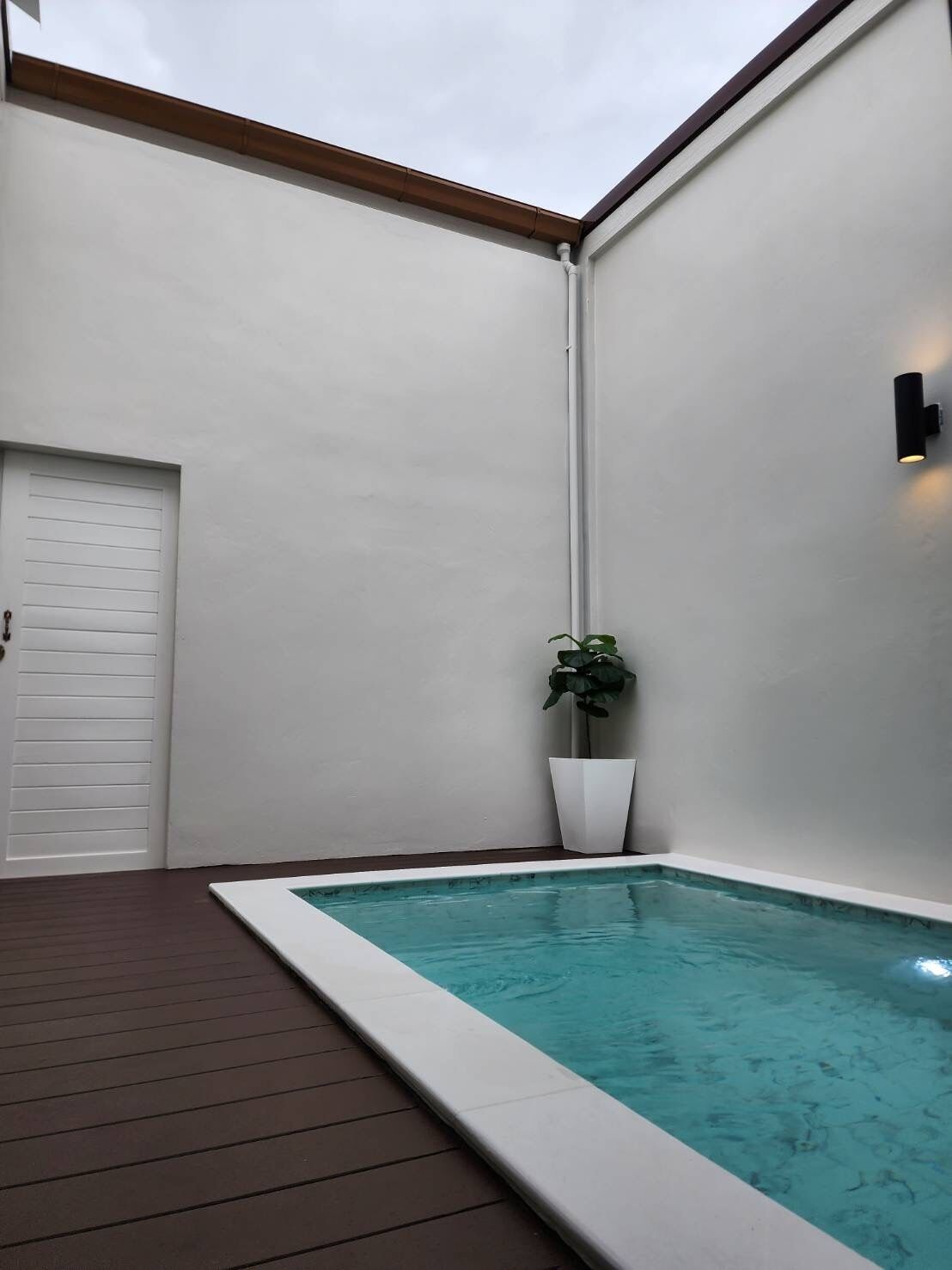 Un petit espace de piscine intérieur, avec une terrasse en bois, une porte blanche et une plante en pot.