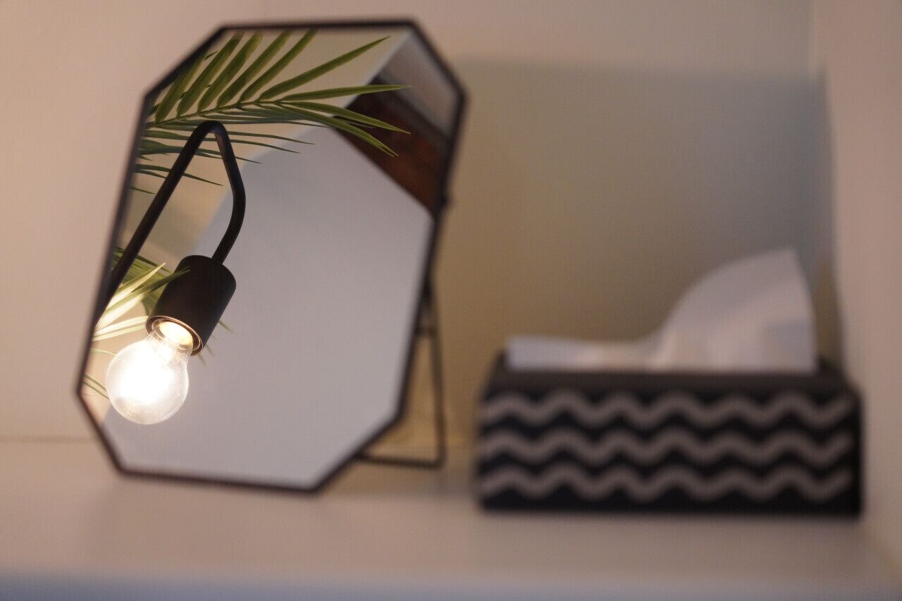 Et sekskantet spejl med en pære, en bakke med sort og hvidt mønster, og en grøn plante.