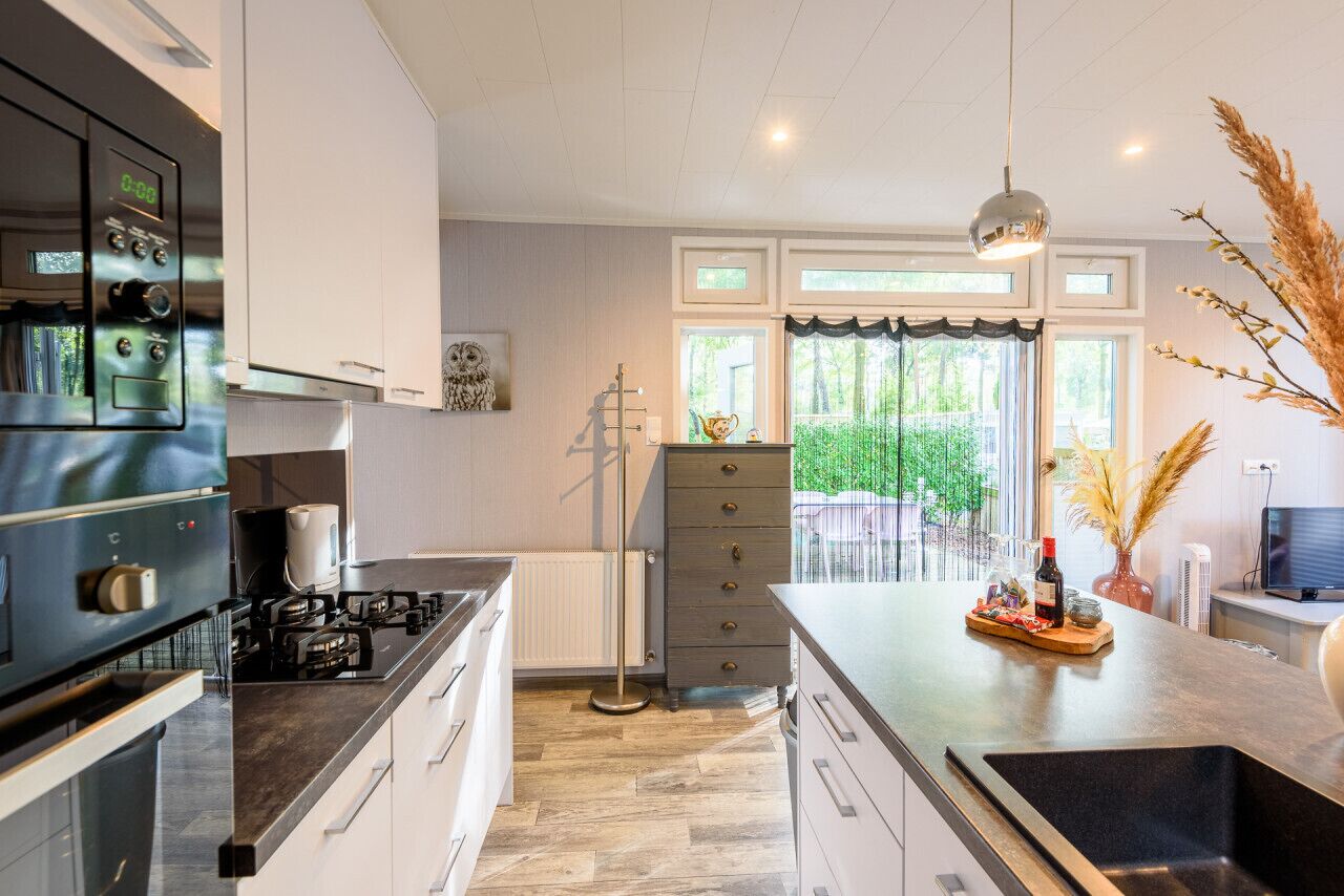 Een moderne keuken met een centraal eiland, inbouwapparatuur en grote ramen.