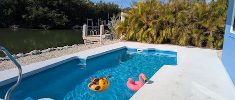 Una piscina con dos juguetes inflables, rodeada por un borde de concreto y palmeras.