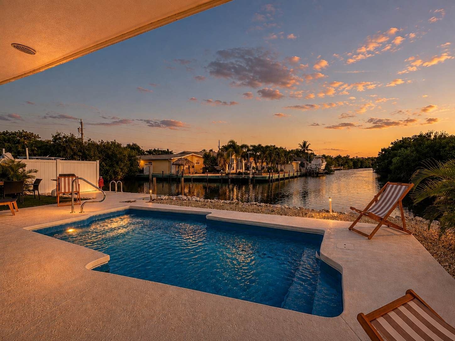 Ein Swimmingpool mit Blick auf ein Gewässer und Häuser im Hintergrund.