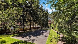 Un court de tennis en plein air, entouré d’arbres et bordé d’un sentier.