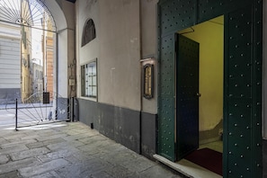 A narrow street with a metal gate and a green door leading to a building.