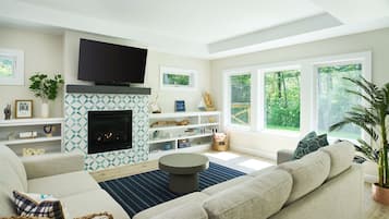 Smart TV, fireplace, books, stereo