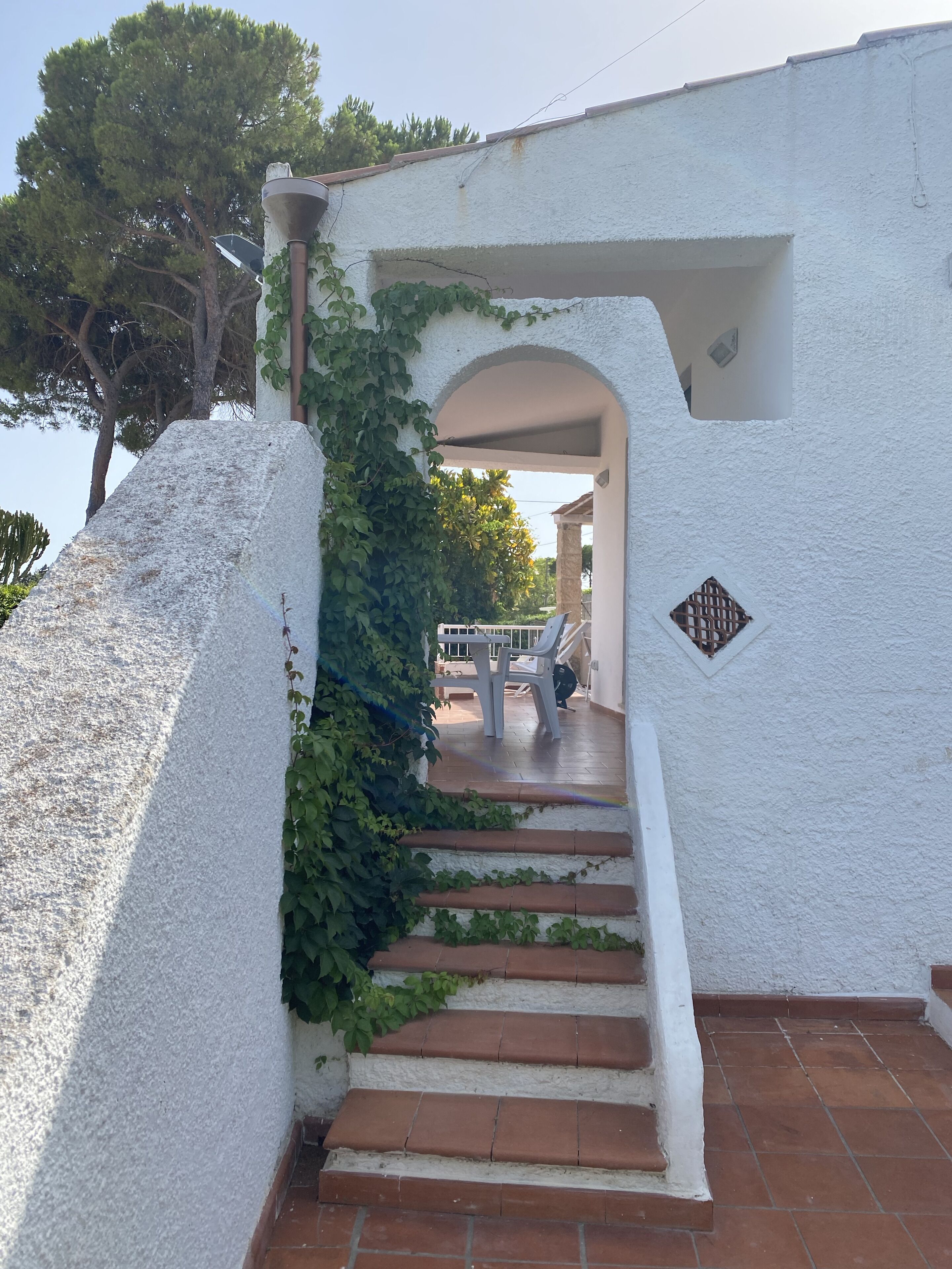 Edifici blanc amb una escala que condueix a una entrada, envoltat de vegetació.