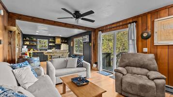 Smart TV, fireplace, books, video library