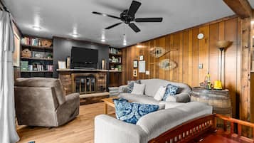 Smart TV, lareira, livros, videoteca