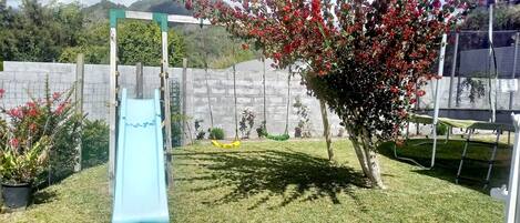 A backyard with a blue slide, a small tree with red flowers, and a green hammock.
