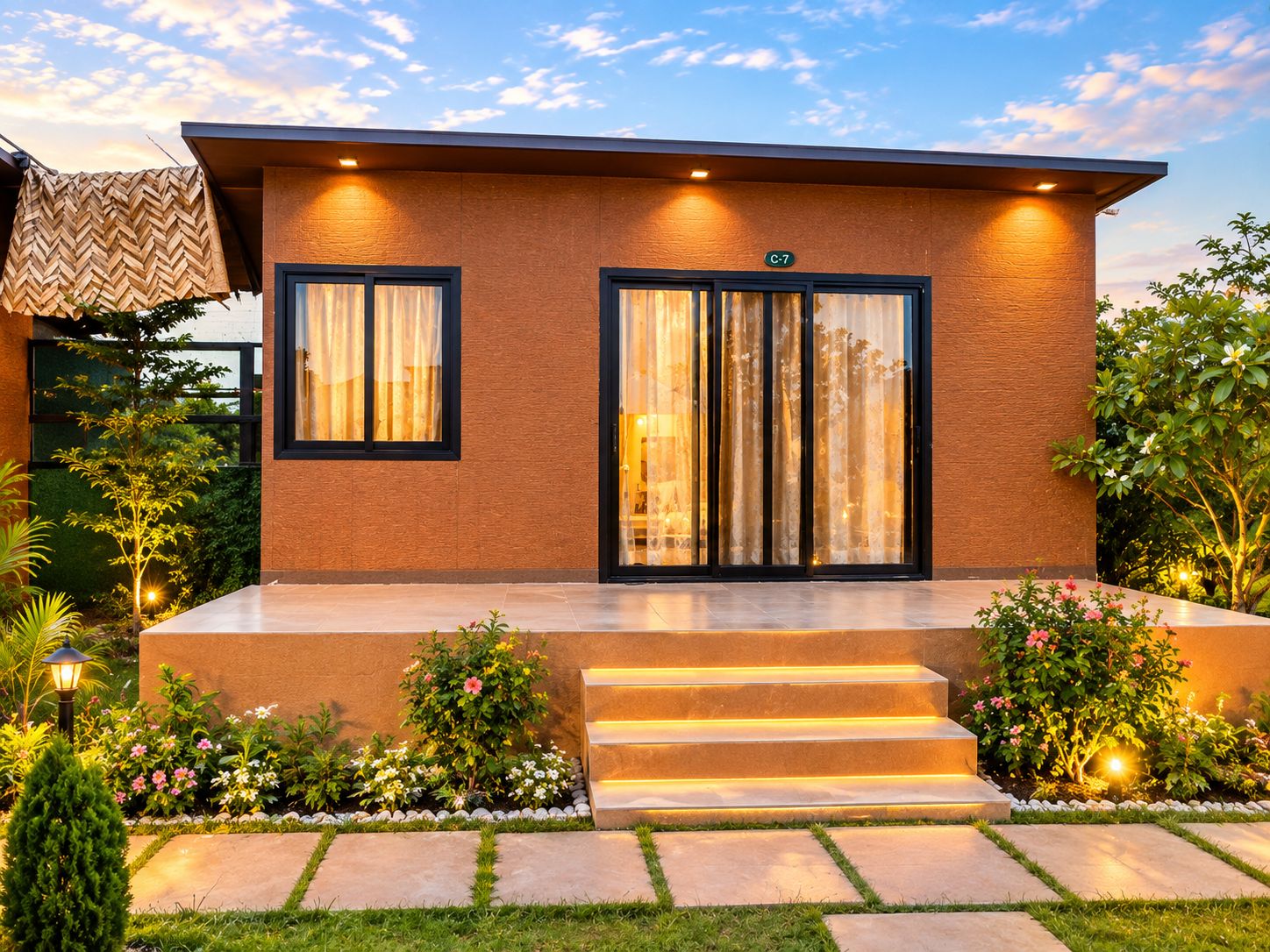 A modern two-story house with a flat roof, large windows, and a well-lit entrance.