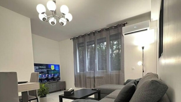 Ein modernes Wohnzimmer mit einer Couch, einem Couchtisch mit Pflanze, einem Fernseher im Hintergrund und einem Essbereich mit Tisch und Stühlen.