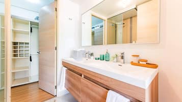 Shower, hair dryer, towels, shampoo