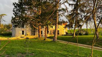 A rustic house with a stone wall and a grassy lawn, surrounded by trees.